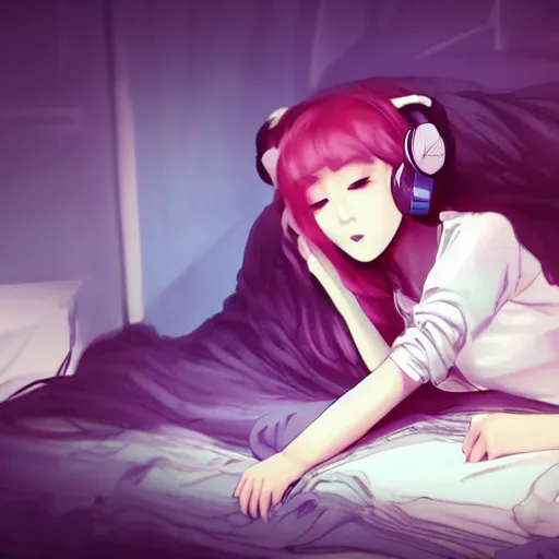 Image similar to lofi hiphop girl lying in bed listening to music by Wenqing Yan, WLOP, Zumidraws, OlchaS Logan cure liang Xing