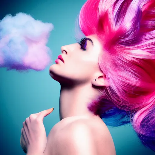 Image similar to a dramatic photo of a beautiful woman with cotton candy hair. with a little bit of cyan and pink