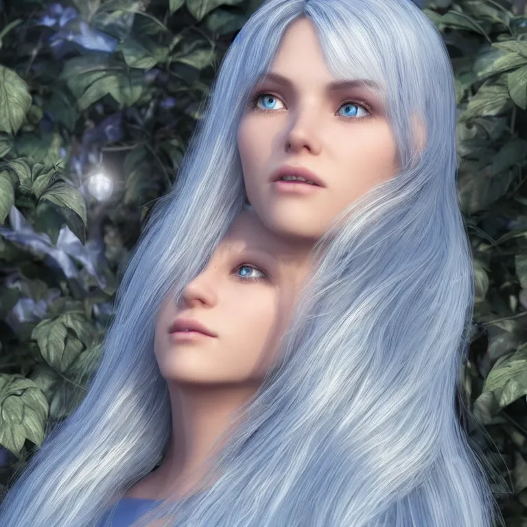 Prompt: “hyperrealistic ultra detailed unreal engine 5 RTX raytracing nvidia hairworks render of portrait of the most beutiful girl with blue eyes and white hair. She is in heavens garden. She has amazing silver jevelery. Nose piercing. Silver Latex catsuit Rainbow”