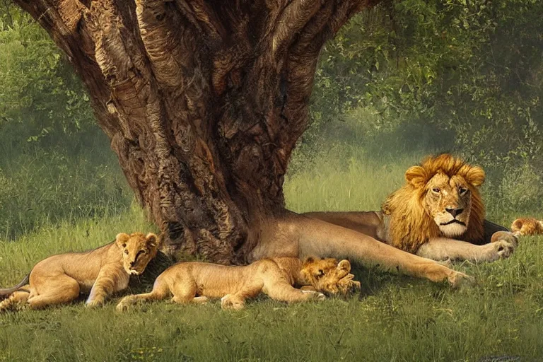 Image similar to lion and cubs resting under a tree in the morning, beautiful painting, greg rutkowski, james gurney, artstation.