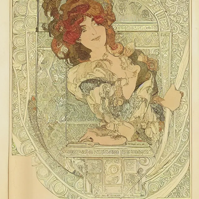 Image similar to detailed, intricate technical drawings on parchment from 1 8 4 0, accented with color, with labels and notes, for a beautiful, symmetric, art deco android hand, by ron cobb and alphonse mucha