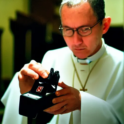 Image similar to a priest in a church holding up a nintendo gamecube, cinematic, close up shot, 35mm film, color