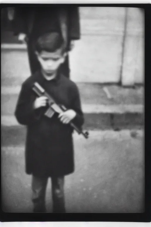 Image similar to photo polaroid of a sad and lonely child in a city devastated by bombs has a gun in his hand, loneliness,war, black and white ,photorealistic, 35mm film,