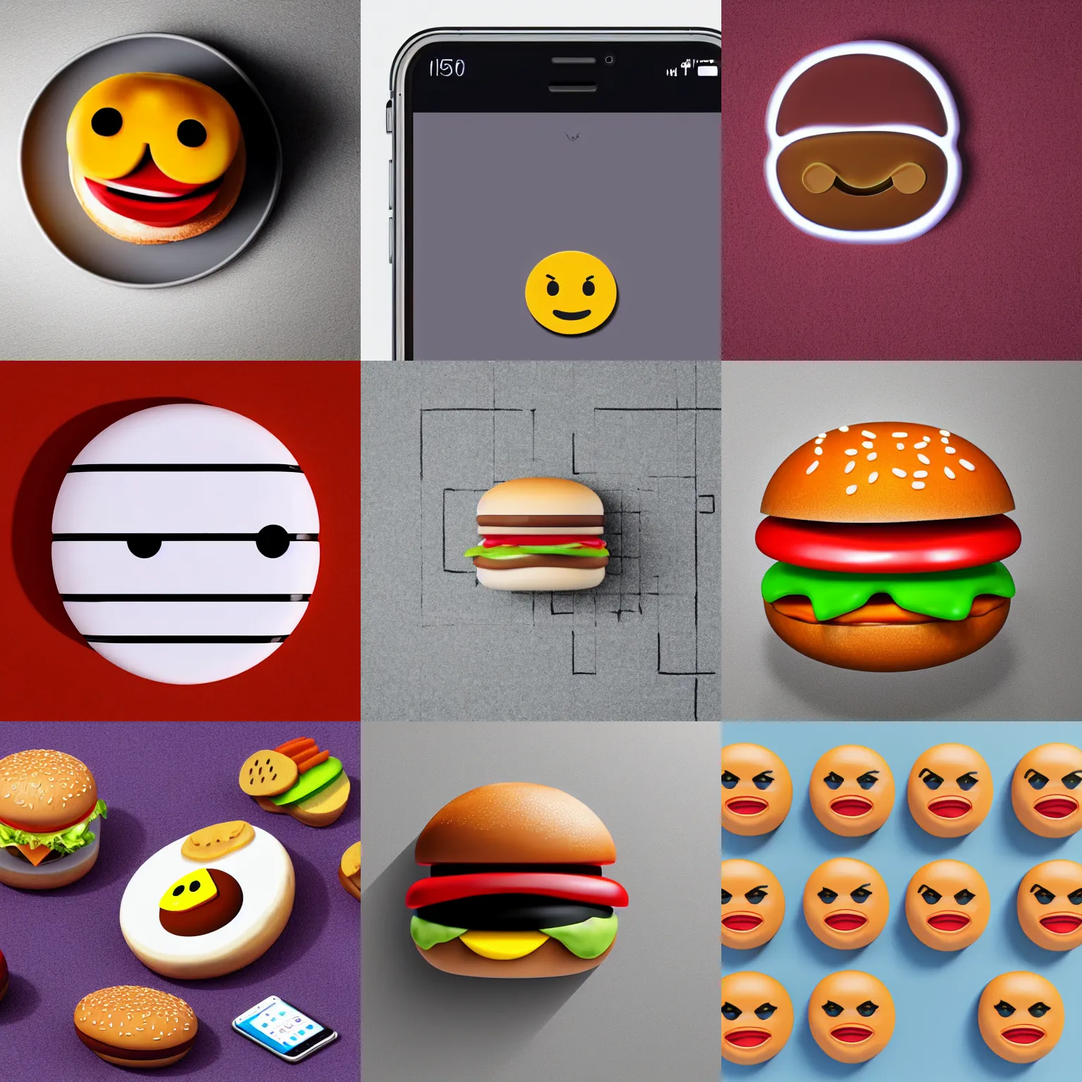 Prompt: Hamburger that looks like the iOS emoji and has the same colors, 3D clay render, 4k UHD, white background, isometric top down left view, diffuse lighting, zoomed out very far
