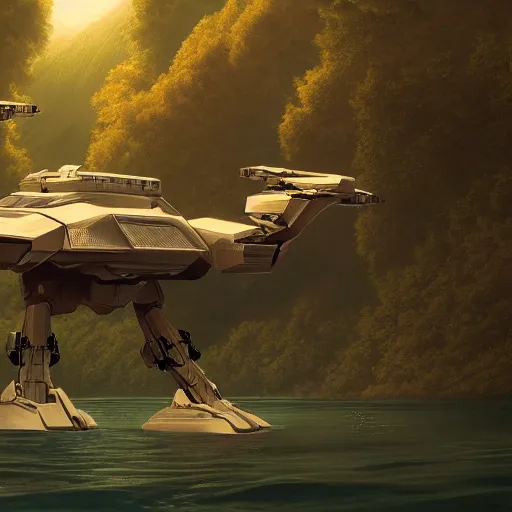 Prompt: Alien mecha robots landing over a lake in a distant planet, distant future, sipping water from the lake below, trending in artstation, matte painting