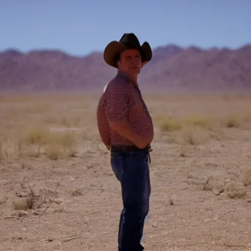 Prompt: cinematic shot of jeffery epstein wearing cowboy clothes and standing in the mojave desert, very detailed, very intricate, dslr,