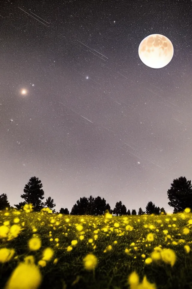 Prompt: low angle, shot from below. two very large moons in night sky. milky way and galaxies in the night sky, galaxies. 3 0 second shot. heavy meteor shower. field of big frozen yellow flowers. fog on the ground. f 1. 8 lens, 1 6 mm, lens flare, bokeh. high detail. photorealistic, romantic