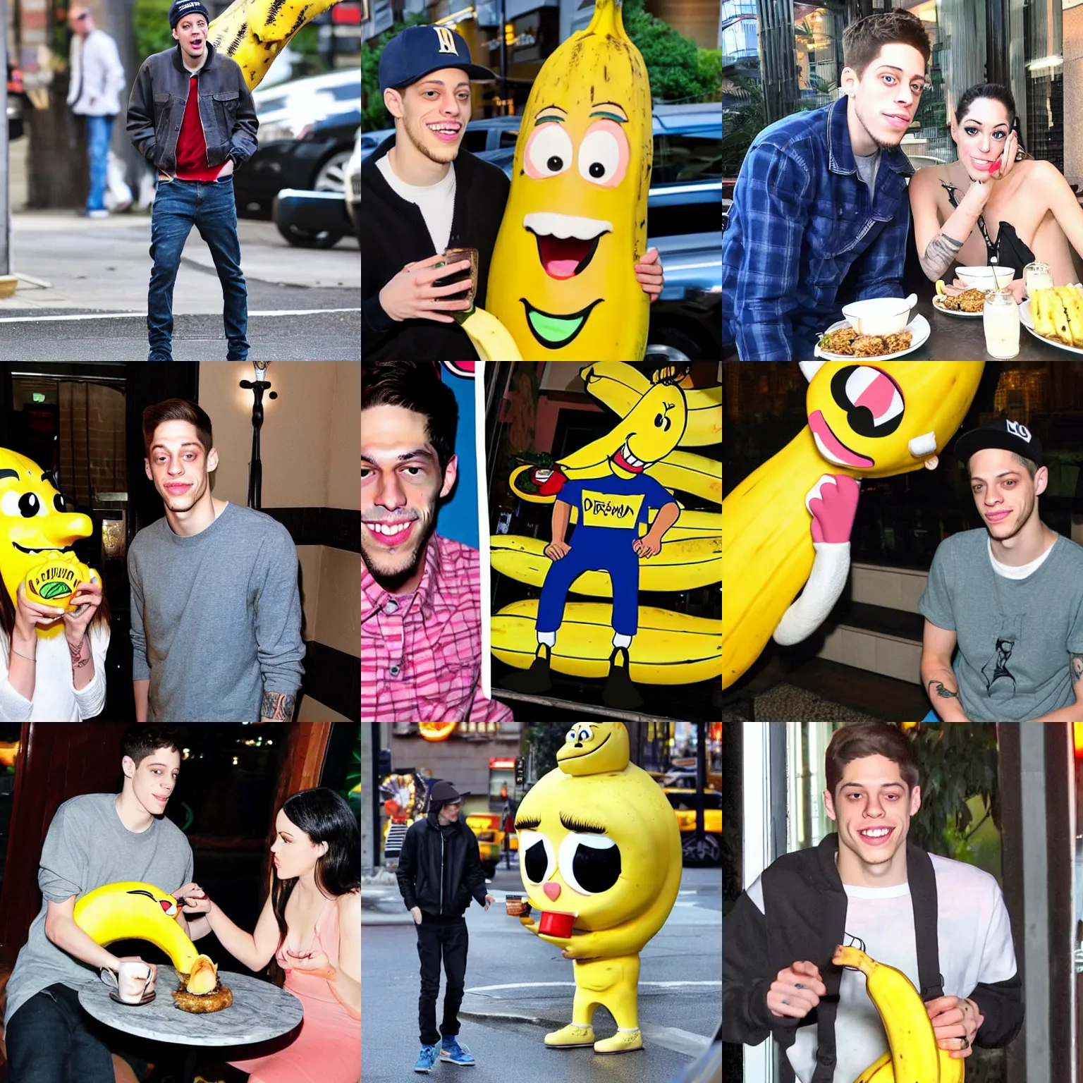 Prompt: paparazzi photo of pete davidson on a romantic dinner date with a comically large, cartoon banana