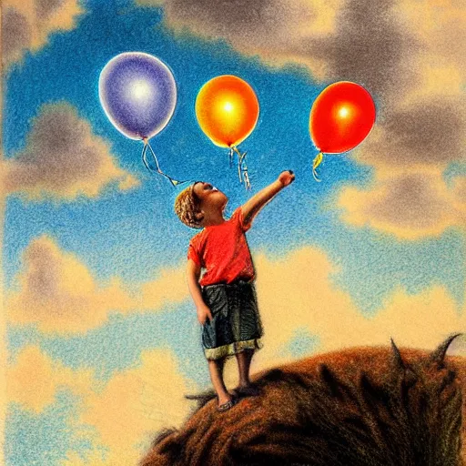 Image similar to boy holding balloons in the sky floating towards the sun, cloudy misty sky, hyper realism, highly ornate intricate details, 1 9 2 0's colored pencil, very sharp photo,