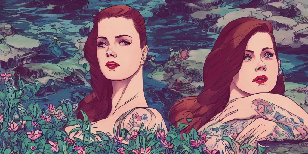 Prompt: tattooed pinup amy adams face in front of a lake with gardens and waterfall vibrant highlights sharp no contrast trending pixiv fanbox by alex ross by victo ngai james gurney makoto shinkai takashi takeuchi studio ghibli