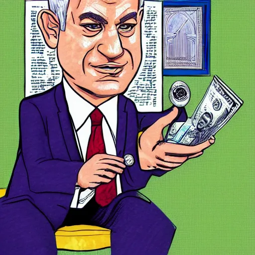 Image similar to A portrait of Benjamin Netanyahu as a green villain sitting in his office, money-themed, by Jim Lee, comic illustration, detailed