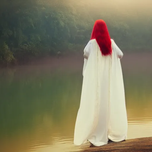 Prompt: a beautiful painting of a lady with white long hair and dressed with a red victorian cloak, seen from behind, standing in a lake, mist, morning light, dreamy atmosphere, cinematic