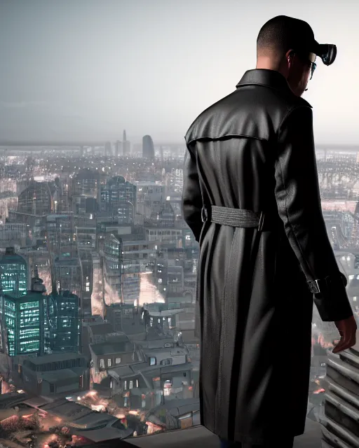 Prompt: a night rooftop scene, close up shot of a photorealistic gangster wearing a trench coat looking at the city below, unreal engine, hyper realism, realistic shading