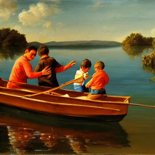 Image similar to A dad with his 3 sons in a boat, the dad is fishing, underwater there is a fish with his 3 sons, oil on canevas