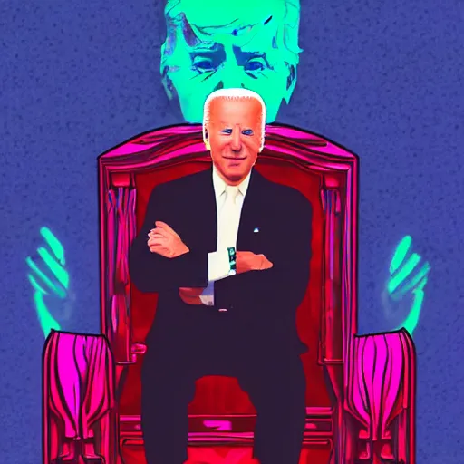 Image similar to joe biden sitting on a dark throne with red glowing eyes in vaporwave style by mad dog jones