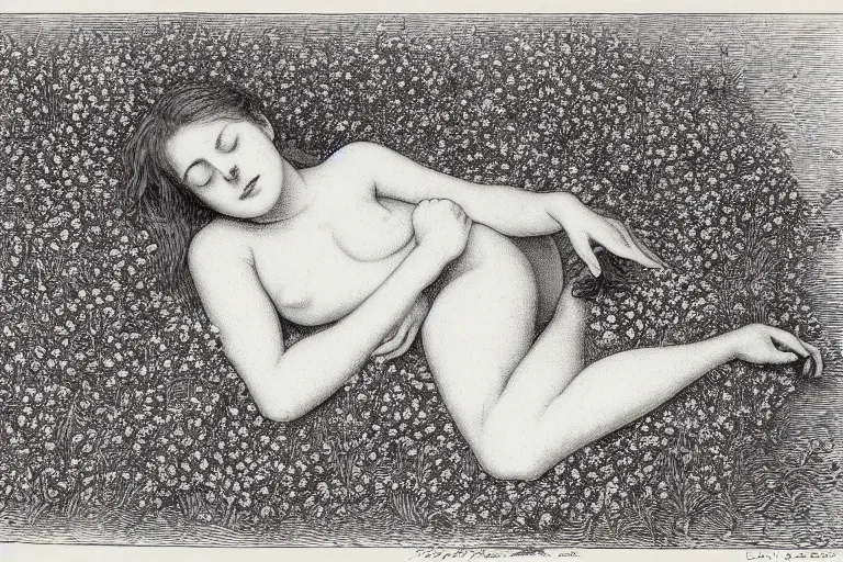 Image similar to black and white, young french woman sleeping in the flower field, top view, Gustave Dore lithography