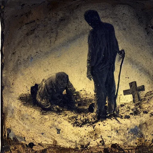 Image similar to one man in a cemetery digging up a dead body, by nicola samori, painting, 8 k, high detail, blue, orange, and dark green tones, high quality, sad feeling, high detail, dark colors, sinister atmosphere, dramatic lighting, cinematic, establishing shot, extremely high detail, photo realistic, cinematic lighting, album cover