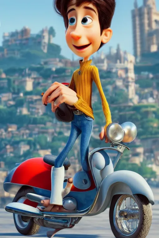 Prompt: portrait of young italian holding white teacup with vespa with italian city in background, full body. pixar disney 4 k 3 d render funny animation movie oscar winning trending on artstation and behance, ratatouille style