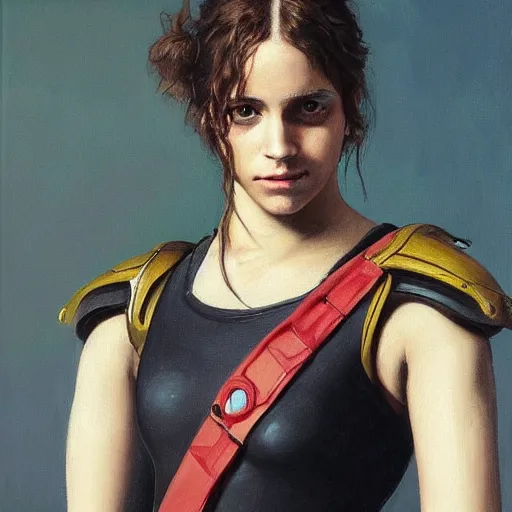 Image similar to a realistic painting by Gustave Courbet depicting the Kamen Rider Femme with the head of the symbiotic Emma Watson in the Renaissance,smooth,Sharp focus,high detailed,high resolution,fine art, trending on Artstation.