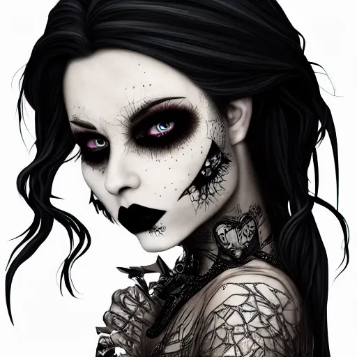 Image similar to a gothic female, wearing black lipstick and a black skirt, full body, highly detailed digital art, intricate drawing, extremely detailed face, beautiful face, beautiful aesthetic face, 8 k resolution, realistic fantasy