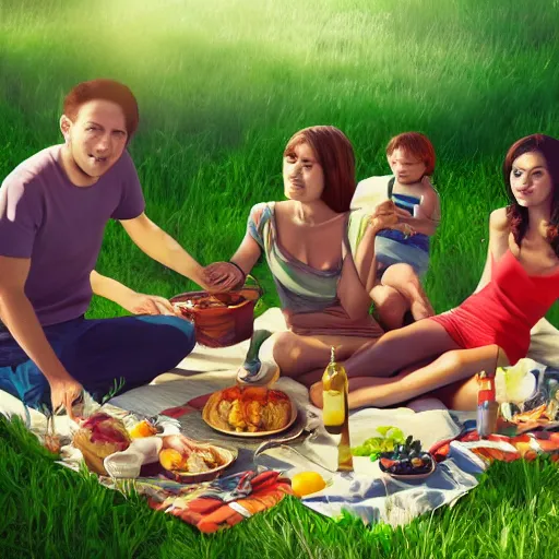 Image similar to having a picnic with my alien family, trending on artstation, stock photo, 4 k photorealism, 4 k quality