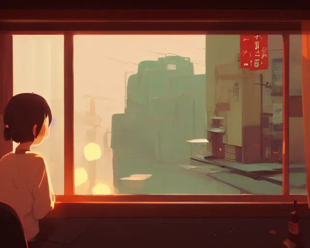 Image similar to seen through a window, tokyo bar, detailed, cory loftis, james gilleard, atey ghailan, makoto shinkai, goro fujita, studio ghibli, rim light, exquisite lighting, clear focus, very coherent, plain background, soft painting