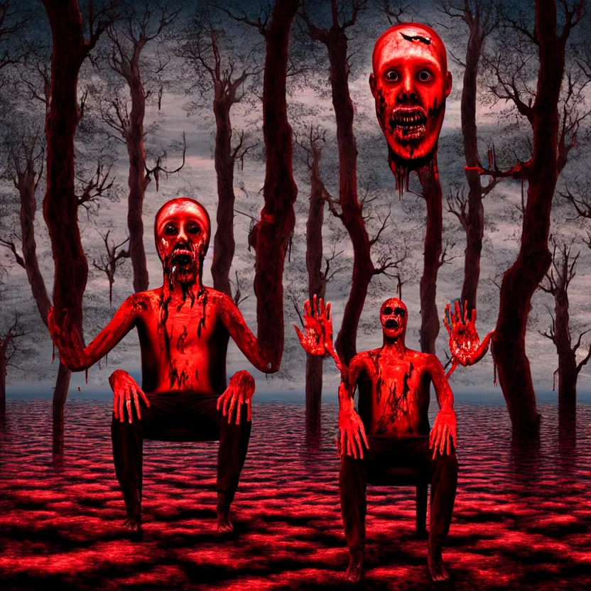 Prompt: a portrait of a man with five heads, twelve arms, sitting on chair made of human limbs, the chair is floating in a lake of blood, around the lake are melting trees, digital art, hyperrealistic nightmare scene, supernatural, highly detailed, creepy, terrifying