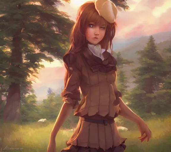 Image similar to a beautiful girl In front of the cabin, the country, by Artgerm Lau and Krenz Cushart，hyperdetailed, trending on artstation, trending on deviantart