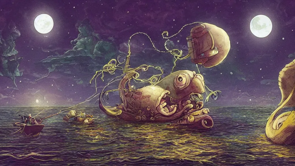 Prompt: a giant!!!!! anglerfish!!!!! at the surface of the water meets a sailor with a lantern!!!! on a sloop, background with large full moon and purple sky, in the styles of tom coletti, jorge jacinto, and thomas veyrat intricate, accurate details