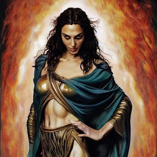 Image similar to Full body oil painting of the beautiful woman Gal Gadot, she is wearing some withe ancient greek cloths and a surreal ornate, her hair is natural disheveled, naturalism, dramatic lighting, high-detailed oil painting by Ilya Repin, Michelangelo da Caravaggio, William Blake, Alex Grey and Beksinski, trending on Artsatio, masterpiece, 4k, 8k,