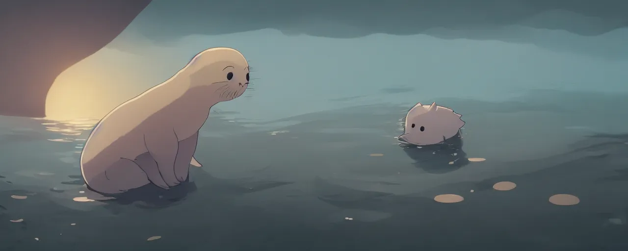 Image similar to a baby harp seal swimming in a tropical river, atey ghailan, goro fujita, studio ghibli, rim light, dark lighting, clear focus, very coherent