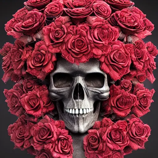 Image similar to skull made of red roses, organic horror, devil, death, giger, epic, baroque, art nouveau, james jean, photorealistic render, 3 ds max + v - ray, extremely detailed and intricate, center composition, elegant, vfx, unreal engine 5, octane render, extremely contrast, extremely sharp lines