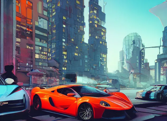 Prompt: a sport car in a city. sharp focus, cinematic pose, cinematic lighting, unreal engine render. art by josan gonzales and moebius and deathburger.