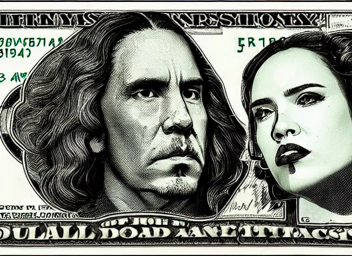 Image similar to reylo kiss on a dollar bill