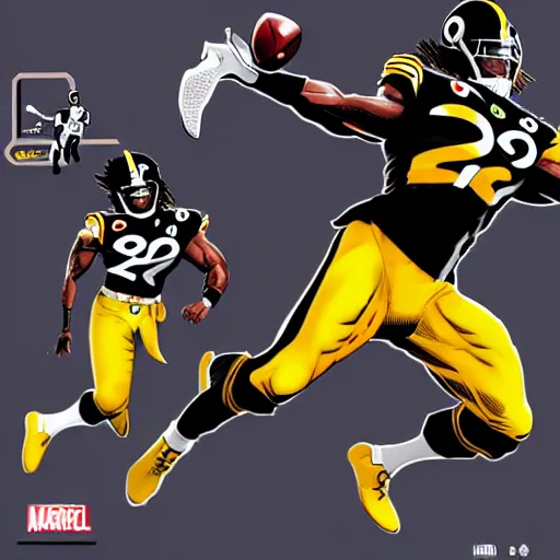 Image similar to detailed najee harris jumping over defender, steelers uniform, in the style of a marvel comic book, realistic, trending on artstation