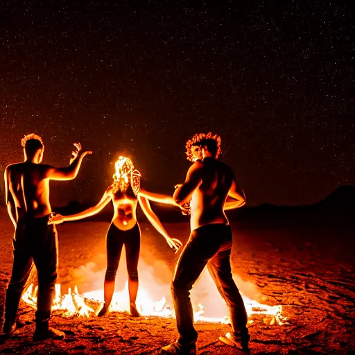 Image similar to photograph of three ravers, two men, one fully clothed woman, photographed from behind, talking around a fire, photorealistic, dancefloor kismet, diverse costumes, clean composition, desert transition area, bonfire, night, australian desert, xf iq 4, symmetry, sony a 7 r, 1 5 0 mp, 5 0 mm