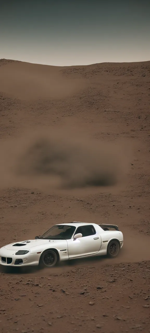 Prompt: a jdm mazda rx - 7 drifting on mars, cinematic, dark atmosphere, long exposure, white balance, 8 k, led, lumen global illumination, fog, ray tracing reflections