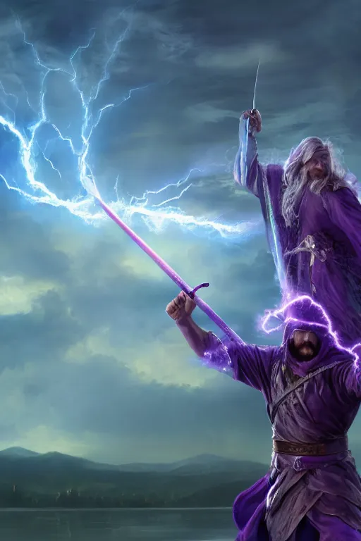 Image similar to fantasy, hyper realistic mystical wizard holding a sword that’s pointed towards the sky, sword is getting shocked by purple lightning, wizard is levitating over a lake, reflection, octane, trending on artstation, highly detailed, by Frank frazetta, 8k