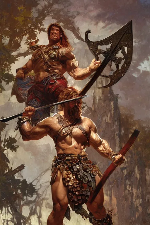 Image similar to full body image of muscular male barbarian holding sword in the air, intricate details, large sword, by Stanley Artgerm Lau, by greg rutkowski, by thomas kindkade, by alphonse mucha, loish, by norman rockwell J.