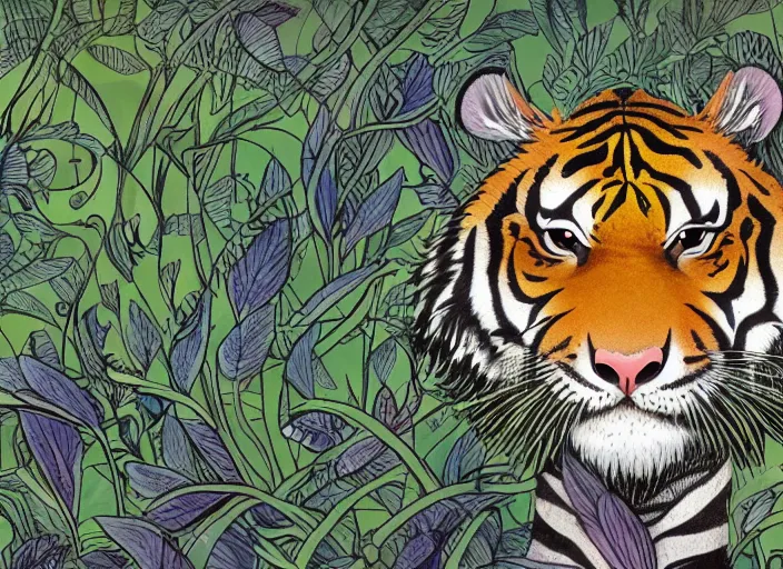 Prompt: a tiger in the centella asiatica in android jones style