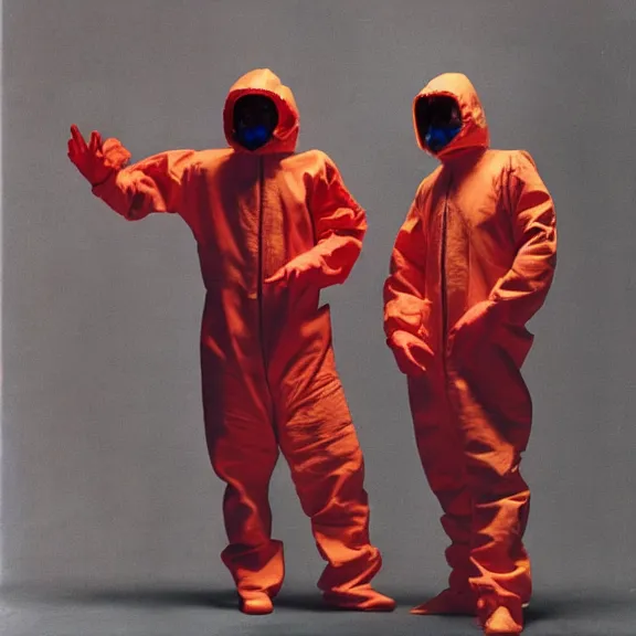 Prompt: two scientists wearing red rick owens hazmat suits with their hands in their pockets escaping the neon event horizon by frank frazetta