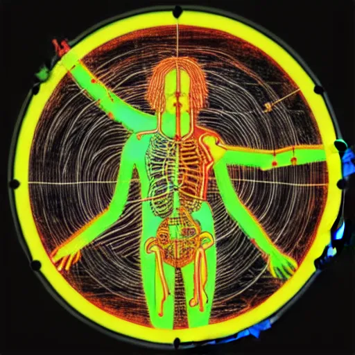 Image similar to hippies at woodstock playing guitar, anatomy sketch, marginalia, neon tone, character sheet, vitruvian man, peace love, highly detailed, photorealistic, 8 k, full body,