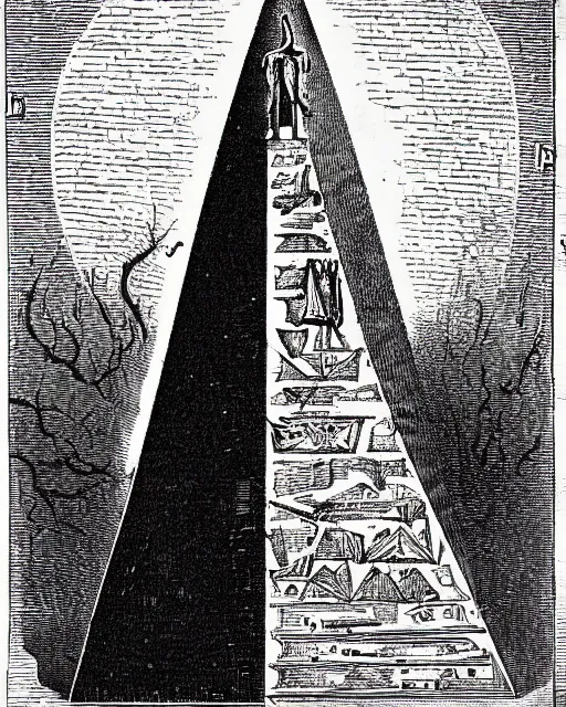 Prompt: illustration of pyramid head from the dictionarre infernal, etching by louis le breton, 1 8 6 9, 1 2 0 0 dpi scan