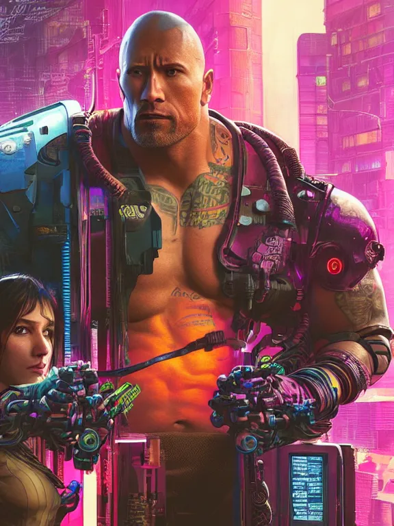 Image similar to a cyberpunk 2077 portrait of Dwayne Johnson holding a female android with tango pose,complex mess of cables and wires behind them connected to giant computer, love moive,film lighting, by laurie greasley,Lawrence Alma-Tadema,William Morris,Dan Mumford, trending on atrstation, full of color,face enhance, highly detailed,8K, octane,golden ratio,cinematic lighting