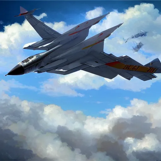 Prompt: Mikoyan MiG-29 soaring in the clouds, highly detailed, digital painting, artstation, concept art, sharp focus, illustration, art by artgerm and greg rutkowski and alphonse mucha