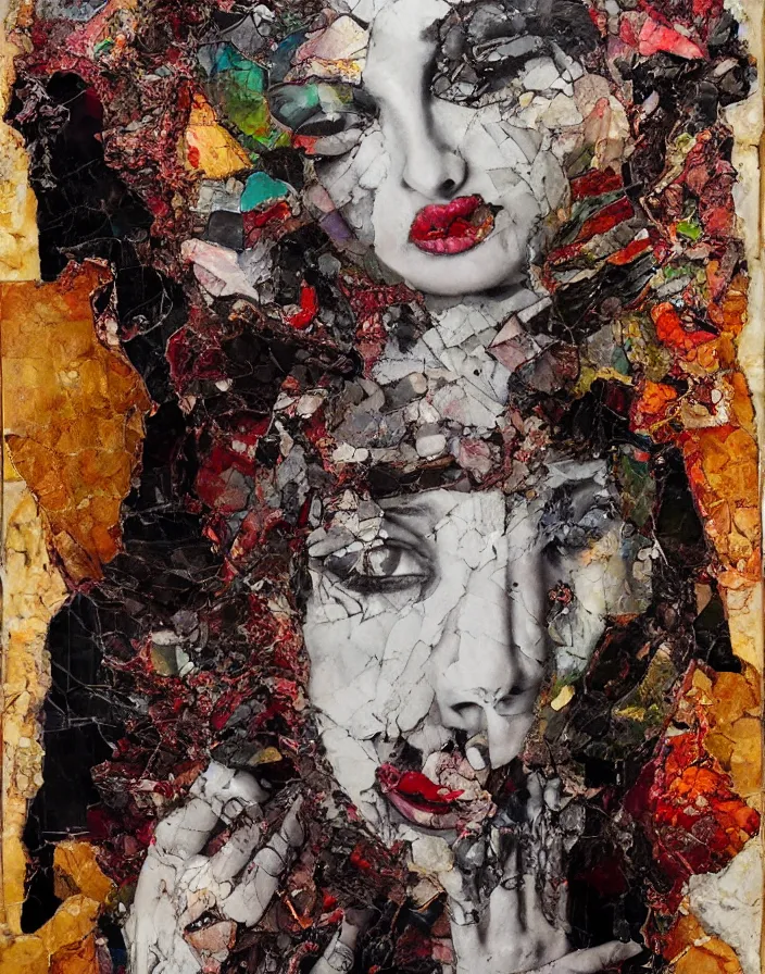 Prompt: divine queen's marble orgasm in vivid detailed analogue mixed media collage with canvas texture in style of contemporary art, punk art, hyperrealistic beautiful face, photorealistic, expressionism, masterpiece, perfect composition, spectacular quality torn paper, intricate oil details, broken glass