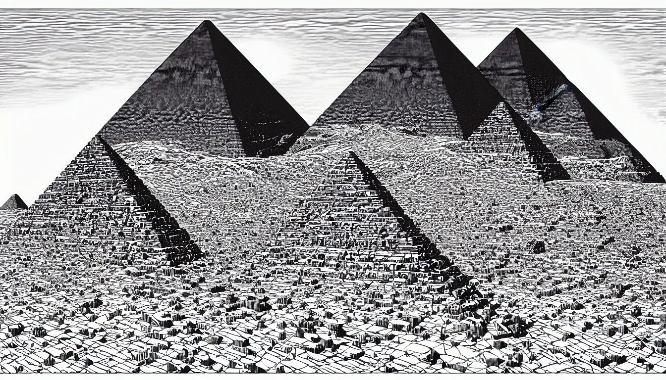 Image similar to pyramids of giza by woodblock print, nicolas delort, moebius, victo ngai, josan gonzalez, kilian eng