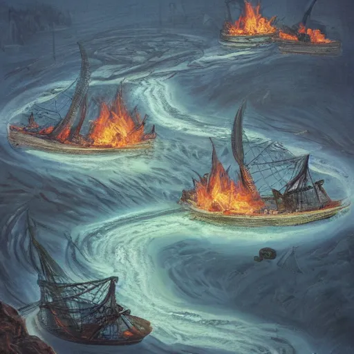 Prompt: spiral river with burning ships