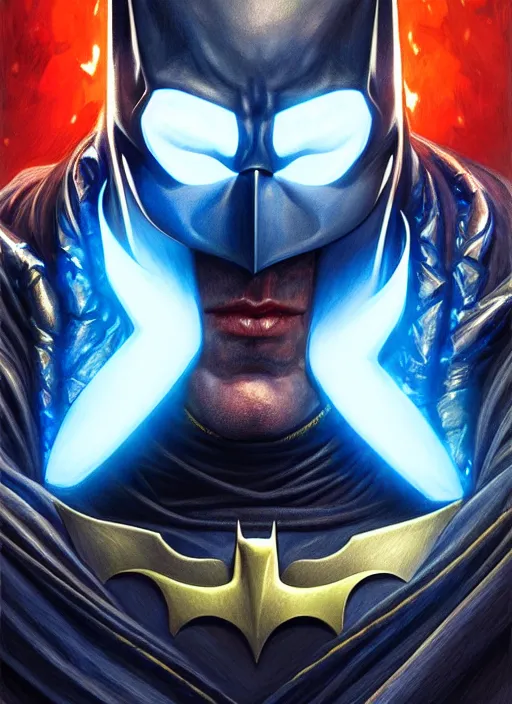 Image similar to portrait of aggressive hellish hazard batman, d & d, muscular! deep blue, magical, fantasy, intricate, elegant, highly detailed, digital painting, artstation, concept art, smooth, sharp focus, illustration, art by artgerm and greg rutkowski and alphonse mucha