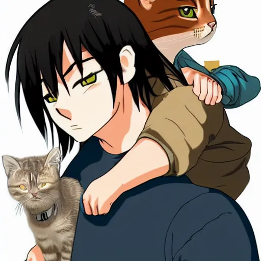 Image similar to grumpy anime boy with black hair glares at tabby cat perched on his shoulder, highly detailed, high definition, anime style